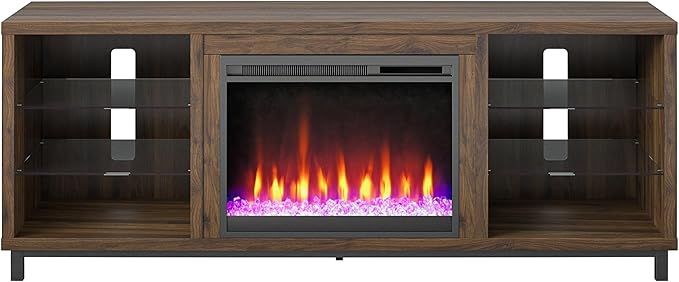 Ameriwood Home Lumina Fireplace TV Stand for TVs up to 70 Inch, Replaceable Electric Fireplace Insert Heater, Remote Control, Timer, Color Changing LED Lights, Crystal Ember Flames, Walnut - LeafyLoom