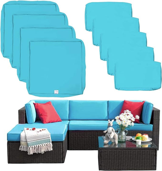 ClawsCover 9Pack Outdoor Seat and Back Cushions Replacement Covers Fit for 5 Pieces 4-Seater Wicker Rattan Patio Conversation Set Sectional Couch Furniture,Turquoise-Include Covers Only - LeafyLoom