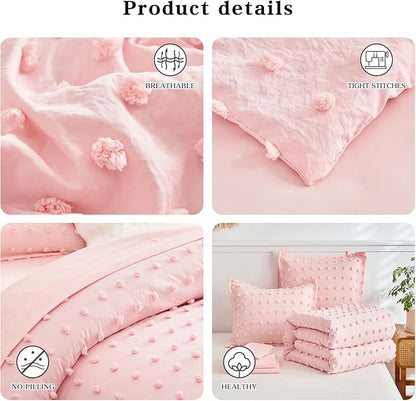 7 Pieces Tufted Dots Bed in a Bag King Comforter Set with Sheets Pink , Soft and Embroidery Shabby Chic Boho Comforters, Solid Color with Pom Pom Design, Jacquard Tufts Bedding Set for All Season - LeafyLoom