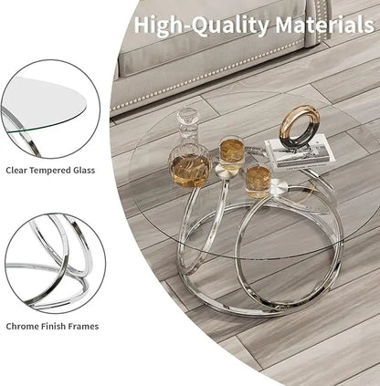 O&K FURNITURE Round Coffee Table, Modern Silver Coffee Table Living Room Table with Ring-Shaped Frames, Glass Coffee Table for Home&Office, Chrome Finish, 1 PC - LeafyLoom