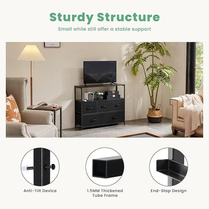 ANTONIA TV Stand Dresser for Bedroom with 5 Fabric Drawer,Entertainment Center for 45 inch Television, Media Console Table with Storage, Open Shelf, Adjustable Feet, Living Room Furniture, Black - LeafyLoom