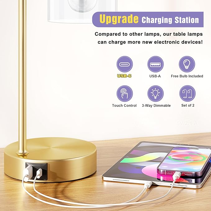 Innqoo Gold Industrial Touch Table Lamps for Bedrooms Set of 2-3-Way Dimmable Nightstand Lamps with USB C+A Ports and Outlet, Gold Bedside Lamps with Glass Shade, Desk Lamps for Home Office - LeafyLoom