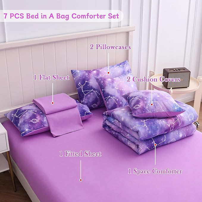 Full Size Bedding Sets Kids Bedding Sets for Girls,Galaxy Bedding 7pieces Glitter Pink Comforter Colorful Comforter Full Size Comforter Sets for Teen Girls(Multicolor) - LeafyLoom