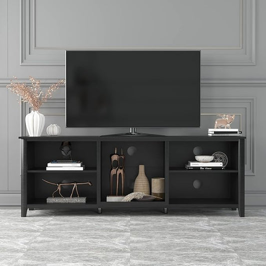 Entertainment Stand with 5 Storage Compartments, Media Center Console Table 60", Flat Screen TV Cabinet for Living Room, 70 inch, Black-1 - LeafyLoom