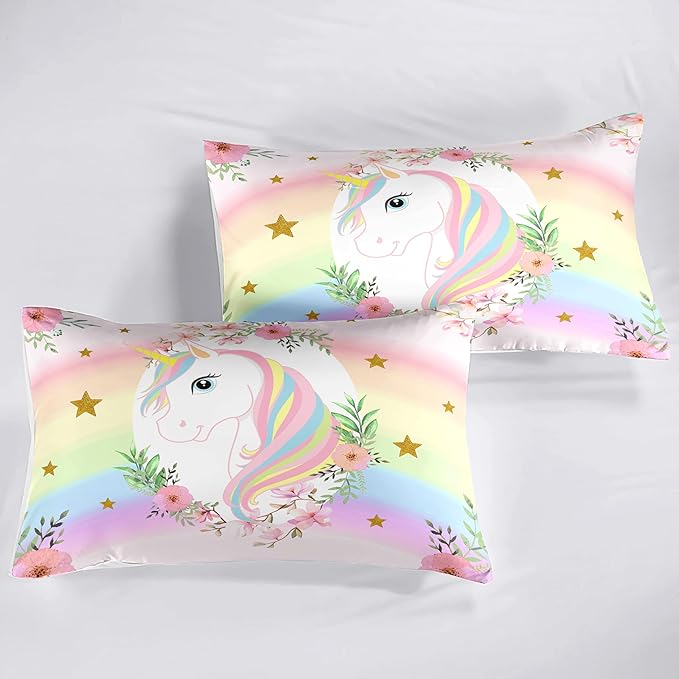 Kids Comforter Bedding Set 3 Piece Super Soft Breathable Print Kids Bedding Sets for Girls, Machine Washable Durable Comforter Set with Comforter, 2 Pillowcases Flowers Stars (Twin,Unicorn) - LeafyLoom