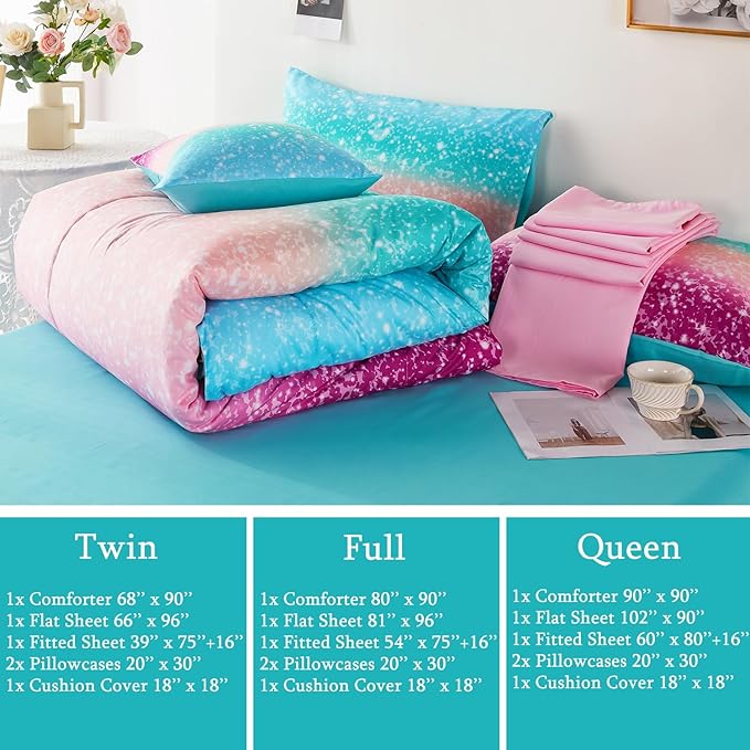 URBONUR Twin Bedding Set for Girls 6Pcs Bed in a Bag Gradient Tie Dye Pastel Aqua Comforter Set with Sheets, Soft Microfiber All Season Bed Sets (Multi, Twin Size) - LeafyLoom