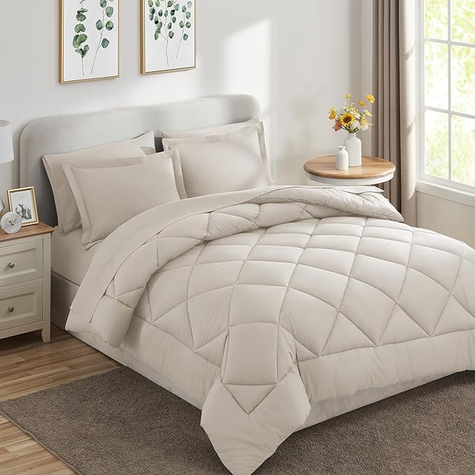 CozyLux Full Comforter Set with Sheets 7 Pieces Bed in a Bag Beige All Season Bedding Sets with Comforter, Pillow Shams, Flat Sheet, Fitted Sheet and Pillowcases - LeafyLoom