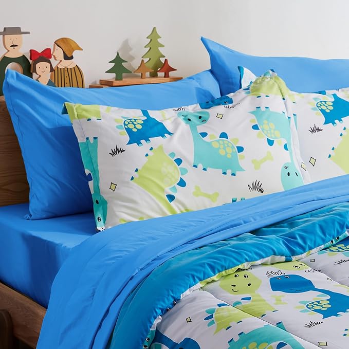 SLEEP ZONE Kids Twin Bedding Comforter Set - Super Cute & Soft Kids Bedding 5 Pieces Set with Comforter, Sheet, Pillowcase & Sham (Cute Dino) - LeafyLoom