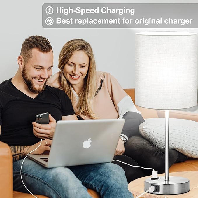 𝟮𝟬𝟮𝟯 𝗡𝗘𝗪 Set of 2 Touch Grey Table Lamps with 2 USB Ports & AC Outlet, 3-Way Dimmable Bedside Nightstand Lamps for Bedroom Living Room Nursery, 800 Lumens 5000K Daylight Bulbs Included - LeafyLoom