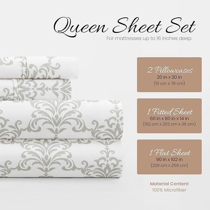 Linen Market 4 Piece Queen Bedding Sheet Set (Light Gray Floral) - Sleep Better Than Ever with These Ultra-Soft & Cooling Bed Sheets for Your Queen Size Bed - Deep Pocket Fits 16" Mattress - LeafyLoom