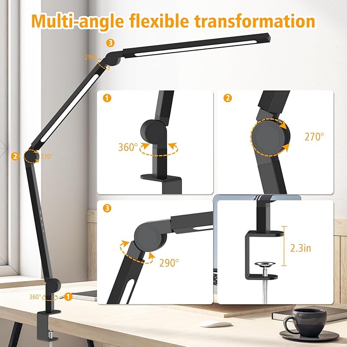 LED Desk Lamp with Clip, Multi-Angle Flexible 3-Segment 2-Light Source Office Desk Lamp, Clip-on Eye-Care 4 Color Temperature Modes&5 Brightness, Table Lamp for Home Office Studio Study Nail - LeafyLoom