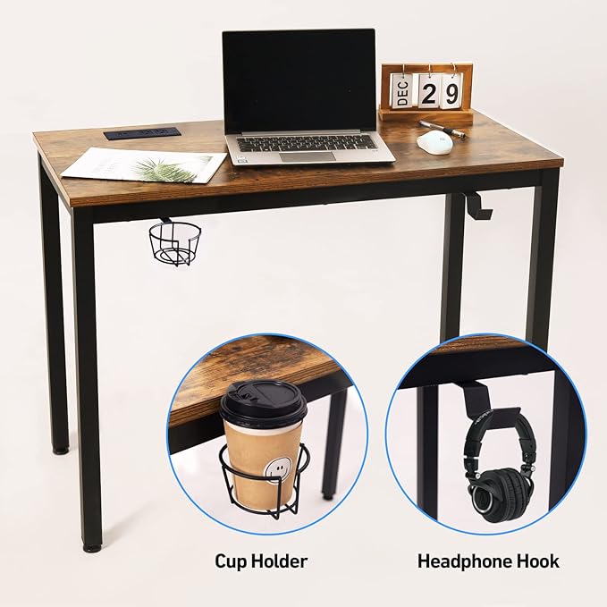 Computer Desk with Power Strip and Monitor Stand, 40" Desk for Home Office Small Space, Small Writing Desk Study Table Workstation with Cup Holder Headphone Hook, Easy Assembly - LeafyLoom