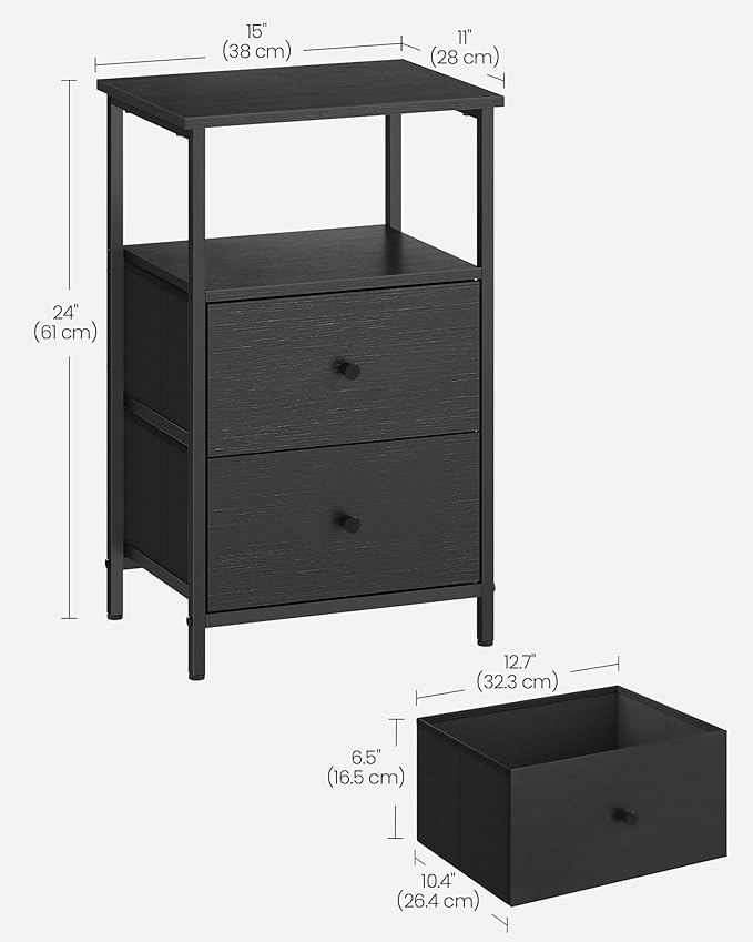 VASAGLE Nightstand Set of 2, Side Tables with 2 Fabric Drawers, 24-Inch Tall End Tables with Storage Shelf, Bedroom, Ash Black and Black ULGS225B21 - LeafyLoom