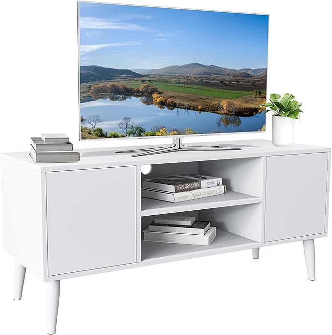 Yusong Retro TV Stand for 55 Inch TV, Entertainment Centers for Living Room Bedroom, Wood TV Bench Table TV Console TV Cabinet with 2 Storage Cabinets and Open Shelves,White - LeafyLoom