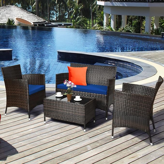 Goplus 4-Piece Rattan Patio Set, Outdoor/Indoor Wicker Conversation Set for Pool, Backyard, Lawn, Wicker Chairs and Sofa with Soft Cushion, Rattan Furniture with Tempered Glass Coffee Table - LeafyLoom