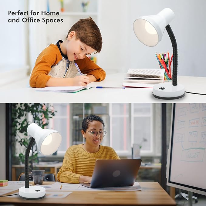 Xtricity Metal Desk Lamp with Adjustable Gooseneck Arm, 6W A19 LED Bulb Included, 120 Volt, Convenient On/Off Switch, 14" Inch Tall (36cm), White Finish - LeafyLoom