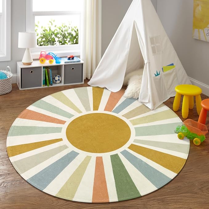 Boho Sun Round Area Rug for Living Room, 6 Ft Washable Nursery Rug for Playroom, Colorful Circle Rug for Kids Bedroom, Non-Slip Circluar Carpet Soft Large Kids Rug for Classroom Dorm Kids Room - LeafyLoom