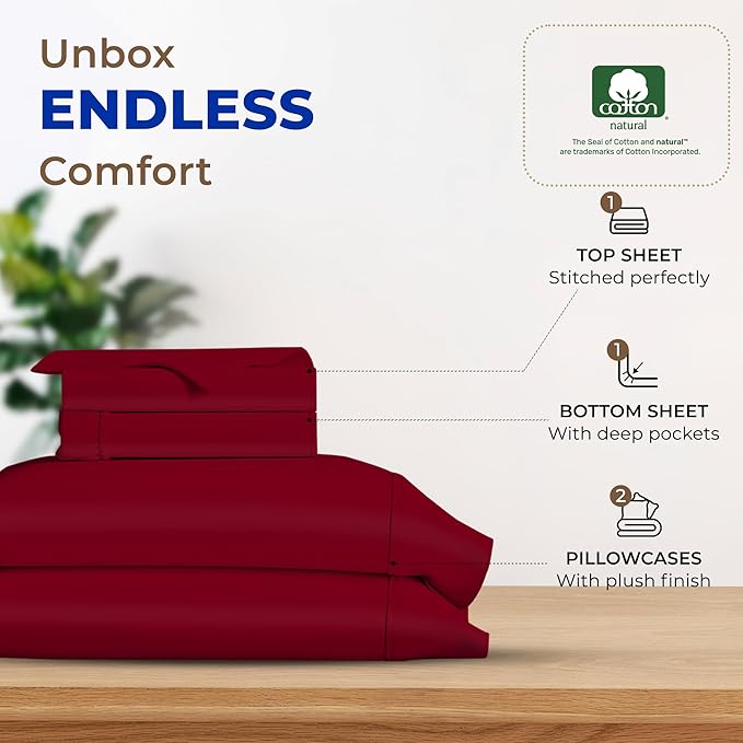 THREAD SPREAD 100% Egyptian Cotton Sheets California King Size - 600 Thread Count 4 PC Luxury Sheets Cal King Size, Soft, Cooling Hotel Luxury Sheets & Pillowcases, Fits Mattress upto 18" - Burgundy - LeafyLoom