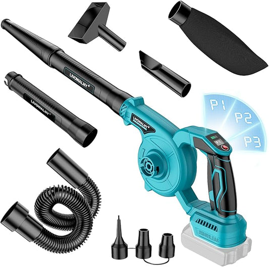 Leaf Blower Cordless for Makita 18V Battery, LIVOWALNY 120CFM 230MPH 2-in-1 Electric Leaf Blowers & Vacuum with 3 Speed Mode for Cleaning Patio, Yard, Sidewalk, Snow, Lawn Care - LeafyLoom