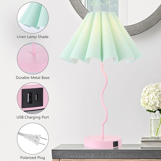 Table Lamp for Bedroom Nightstand Modern Touch Green Pink Lamp Dimmable Lamp for Living Room End Table with USB Port and Outlet - LeafyLoom