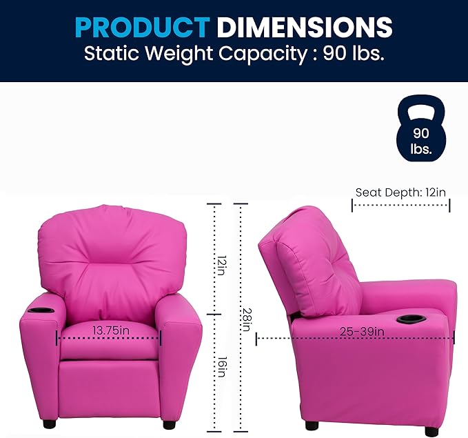 Flash Furniture Chandler Vinyl Kids Recliner with Cup Holder and Safety Recline, Contemporary Reclining Chair for Kids, Supports up to 90 lbs., Hot Pink - LeafyLoom