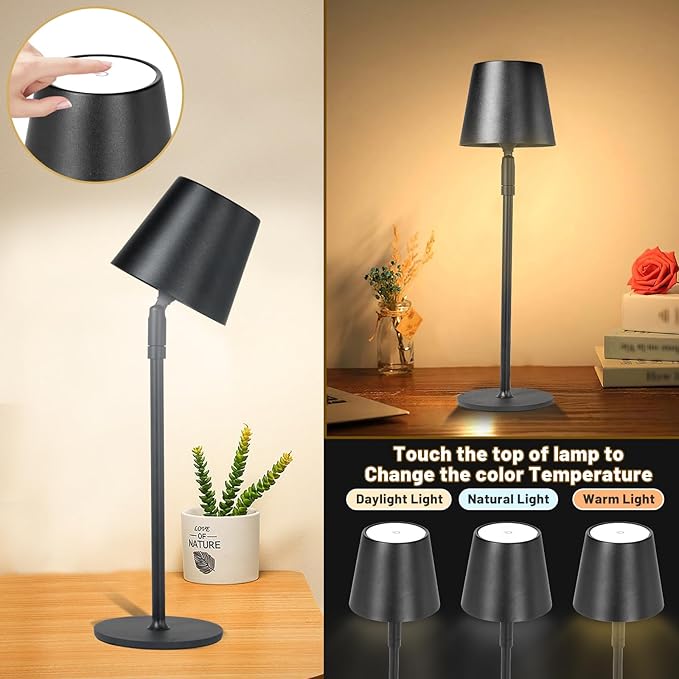 Cordless Table Lamp,Portable LED Desk Lamp, Battery Operated, 3 Color Stepless Dimming Up, for Restaurant/Bedroom/Bars/Outdoor Party/Camping/Coffee Shop Night Light。 (Black) - LeafyLoom