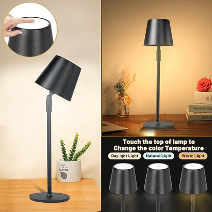 Cordless Table Lamp,Portable LED Desk Lamp, Battery Operated, 3 Color Stepless Dimming Up, for Restaurant/Bedroom/Bars/Outdoor Party/Camping/Coffee Shop Night Light。 (Black) - LeafyLoom