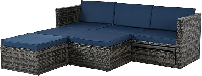 Modular Rattan Outdoor Sectional Furniture, Wicker Conversation Patio Sets with Plywood Coffee Table and Lounger Sofa for Backyard, Db-Navy Blue - LeafyLoom