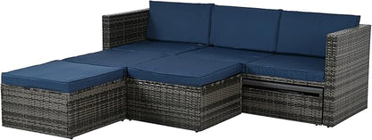 Modular Rattan Outdoor Sectional Furniture, Wicker Conversation Patio Sets with Plywood Coffee Table and Lounger Sofa for Backyard, Db-Navy Blue - LeafyLoom