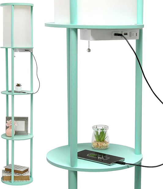 Simple Designs LF2010-AQU 62.5" Round Modern Shelf Etagere Organizer Storage Floor Lamp with 2 USB Charging Ports, 1 Charging Outlet and Linen Shade for Living Room Bedroom, Aqua, 11.5 x 11.5 x 62.5 - LeafyLoom