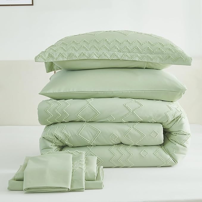 EMME Twin Comforter Set - 5 Pcs Sage Green Boho Bedding Sets, Tufted Comforter with Sheets, Shabby Chic Embroidery Twin Bed Set Fluffy Bed Bag for All Season(68"X90") - LeafyLoom