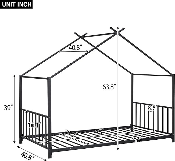 Twin Size Kids Montessori Floor Bed,House Bed Frame with High Headboard,Twin Floor Bed with Roof for Boys Girls,Floor Bed Metal Frame (Black) - LeafyLoom