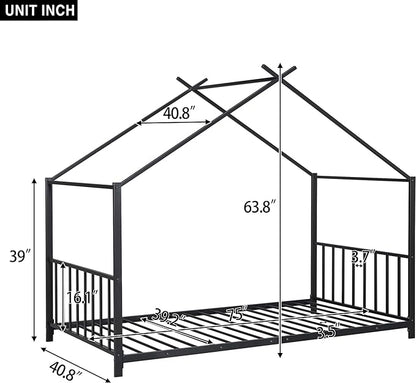 Twin Size Kids Montessori Floor Bed,House Bed Frame with High Headboard,Twin Floor Bed with Roof for Boys Girls,Floor Bed Metal Frame (Black) - LeafyLoom