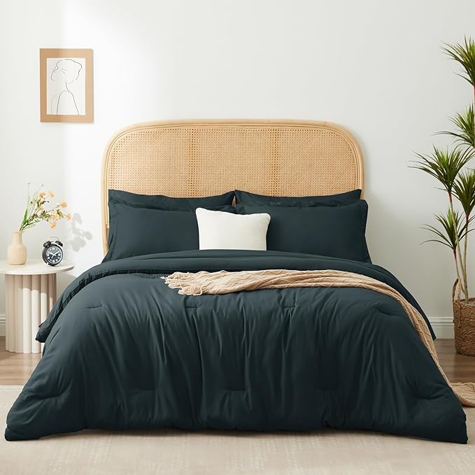 Queen Bed in a Bag 7 Pieces Bedding Comforter Set with Comforter and Sheets Navy Blue Queen Comforter Set with Sheets,Pillow Shams, Flat Sheet, Fitted Sheet and Pillowcases - LeafyLoom