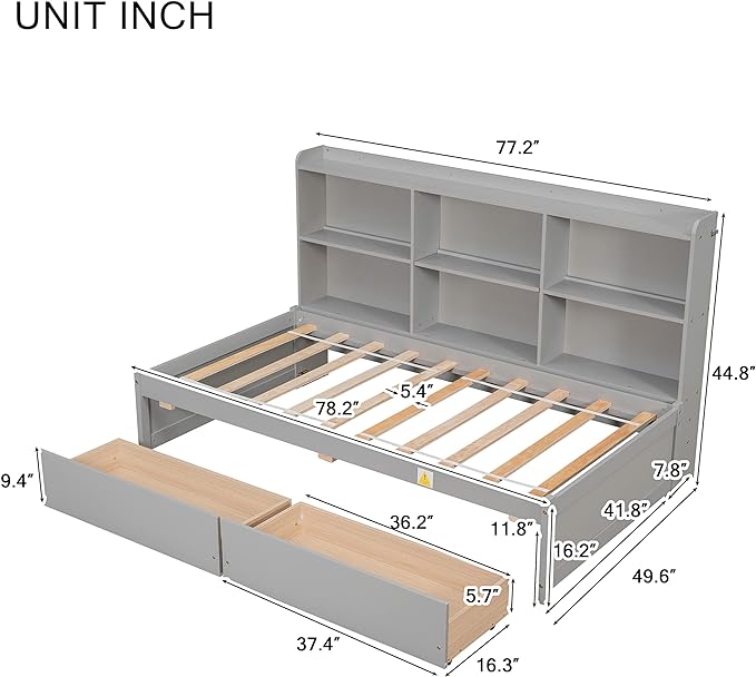 Twin Size Platform 2 Storage Drawers and Side Bookcase, Solid Wood Day Captain, Ideal Bed Frame for Bedroom, Living Room, Gray - LeafyLoom