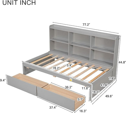 Twin Size Platform 2 Storage Drawers and Side Bookcase, Solid Wood Day Captain, Ideal Bed Frame for Bedroom, Living Room, Gray - LeafyLoom