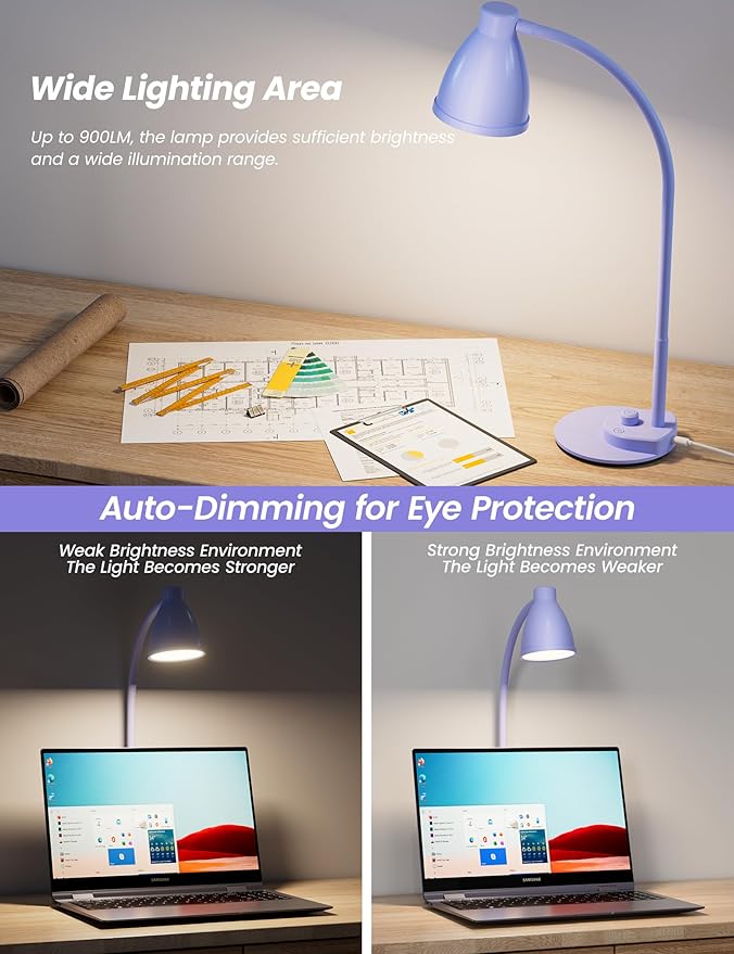 BOHON LED Desk Lamp with USB Charging Port, 3 Color Modes Fully Dimmable Reading Lamp, Auto Dimming Task Lamp, Flexible Gooseneck Table Light for Office Dorm Bedside, Adapter Include, Lilac Purple - LeafyLoom