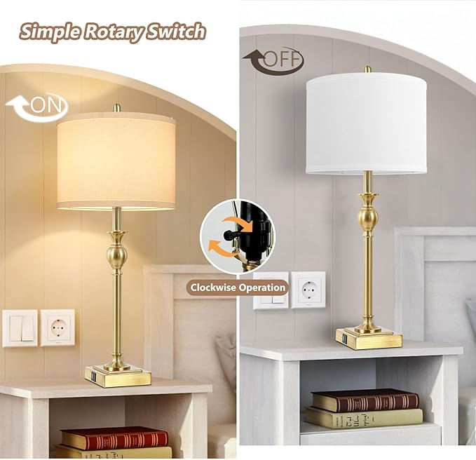 TOBUSA 28” Gold Table Lamps Set of 2, Tall Bedside lamps with Dual USB Charging Ports, Modern Nightstand Lamps with Square Brass Base and White Fabric Shade for Living Room, Bedroom(No E26 Bulbs) - LeafyLoom