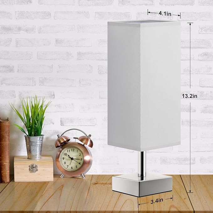 Grey Small Table Lamp for Bedroom - Bedside Lamps for Nightstand, Minimalist Night Stand Lamp with Square Fabric Shade, Desk Reading Lamp for Kids Room Living Room Office, Silver Base - LeafyLoom