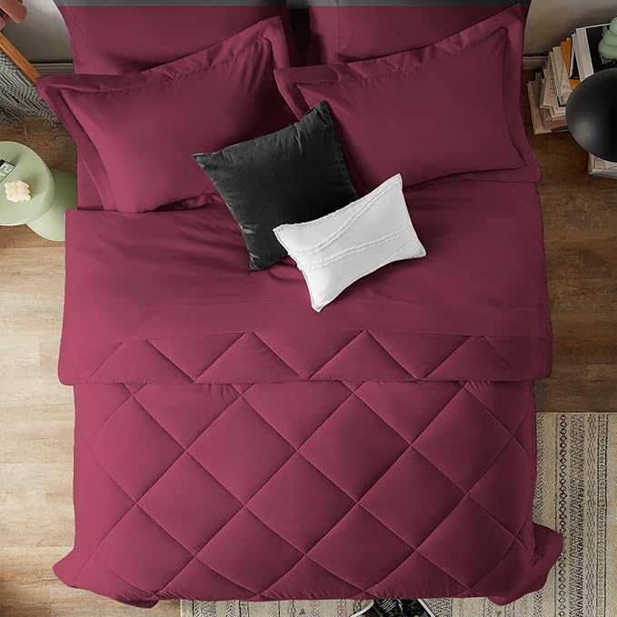 CozyLux King Comforter Set with Sheets 7 Pieces Bed in a Bag Burgundy All Season Bedding Sets with Comforter, Pillow Shams, Flat Sheet, Fitted Sheet and Pillowcases, Red, King - LeafyLoom