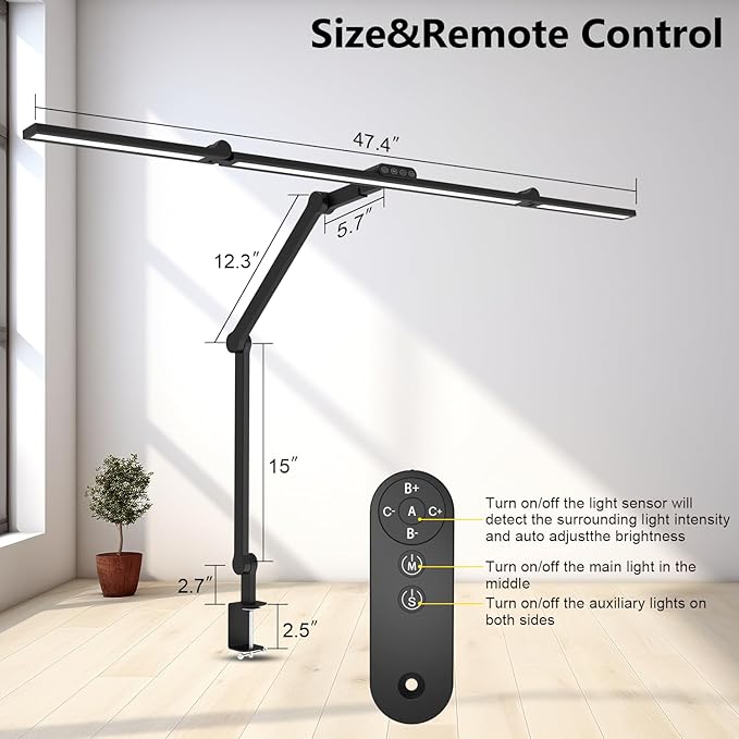 3000 Lumen Ultra Bright Architect Desk Lamp with Clamp, 36W Tall Overhead Led Desk Light for Home Office, 47Inch Long Dimmable Computer Monitor Light Bar with Remote for Table Desktop Drafting - LeafyLoom