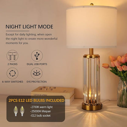 QiMH Gold Table Lamps for Bedroom Set of 2 with Nightlight, Modern Bedside Lamp with 2 USB Charging Port, Clear Nightstand Lamp for Living Room White Shade Home Light Decor(LED Bulbs Included) - LeafyLoom