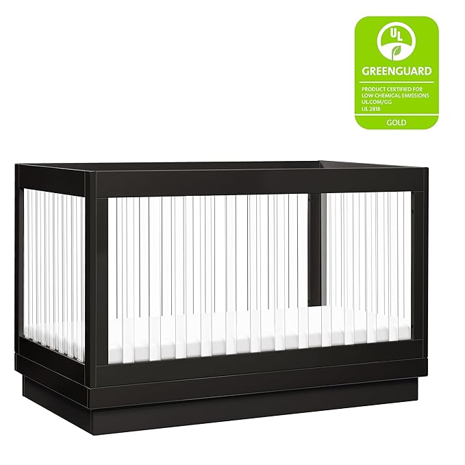 Babyletto Harlow Acrylic 3-in-1 Convertible Crib with Toddler Bed Conversion Kit in Black with Acrylic Slats, Greenguard Gold Certified - LeafyLoom