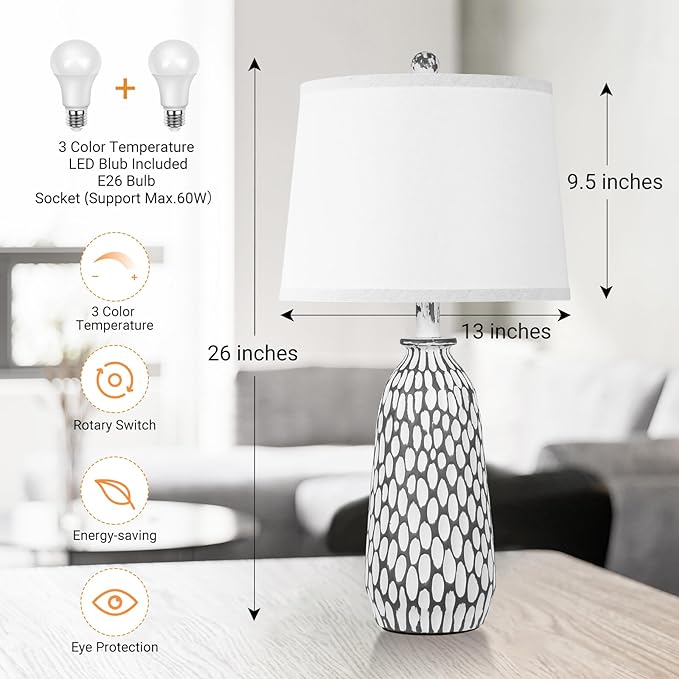 QiMH Modern Coastal Table Lamps for Bedroom Set of 2, Bedside Lamp with White Shade, Gray White Resin Nightstand Lamp for Living Room Home Lighting Decor,3-Color Temperature LED Bulbs Included - LeafyLoom