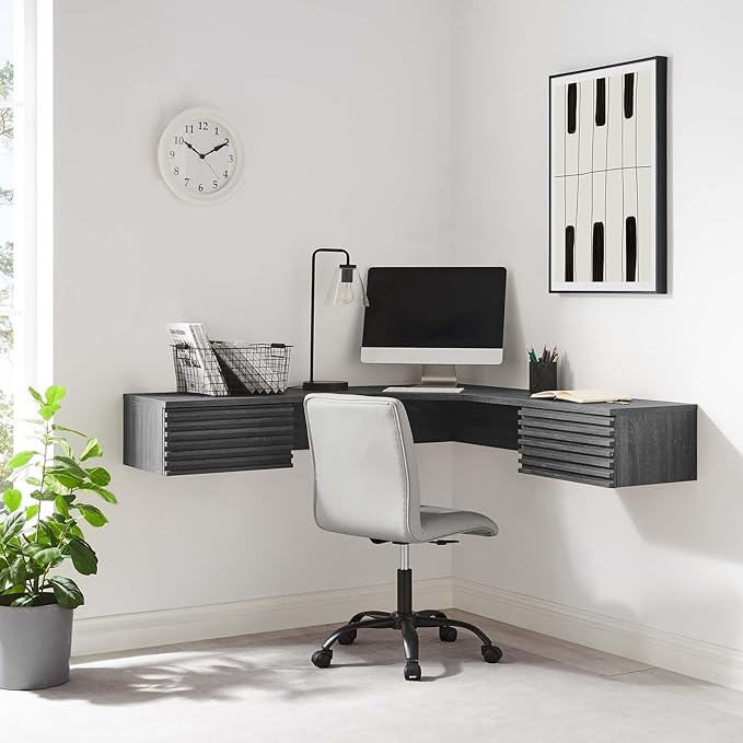 Modway Render 60" Mid-Century Modern Wall-Mount Corner Office Desk in Charcoal - LeafyLoom