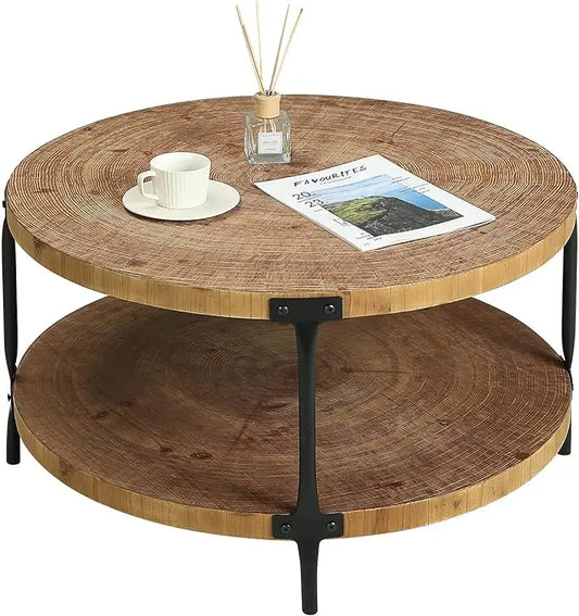 Round Boho Wood Coffee Table - 29.1" Farmhouse Natural Circle Wooden 2-Tier Coffee Tables Living Room Furniture, Natural Wood Color, 29.1" D x 18.3" H - LeafyLoom