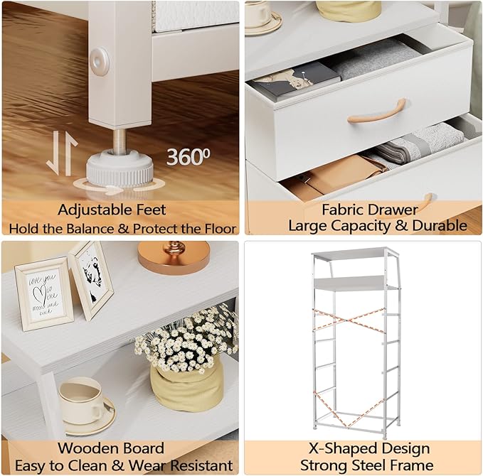 Furnulem White Dresser with 5 Drawers, Vertical Storage Tower Fabric Dresser for Bedroom, Hallway, Entryway, Nursery, Closet Organizer, Nightstand Bedside Table Furniture, Sturdy Steel Frame, Wood Top - LeafyLoom