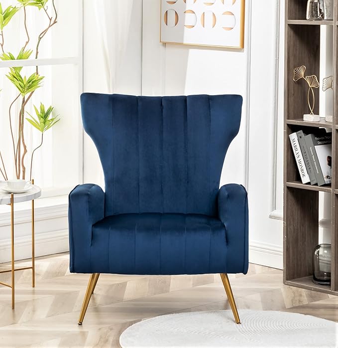 Armchair Modern Velvet Accent Chair, Channel Tufted Bedroom, Office or Living Room Furniture with Elegant Metal Legs, Blue - LeafyLoom