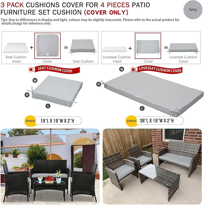 ClawsCover 3Pack Outdoor Seat Cushions Replacement Covers Fit for 4 Pieces Wicker Rattan Furniture Patio Conversation Set Loveseat Chair,38x19x2,19x19x2,Gray-Large (Include Cover Only) - LeafyLoom