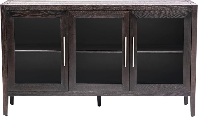 Merax Wood Sideboard, Buffet Cabinet with Storage & 3 Tempered Glass Doors, Built-in Adjustable Shelf, for Living, Dining Room and Kitchen, Brown - LeafyLoom